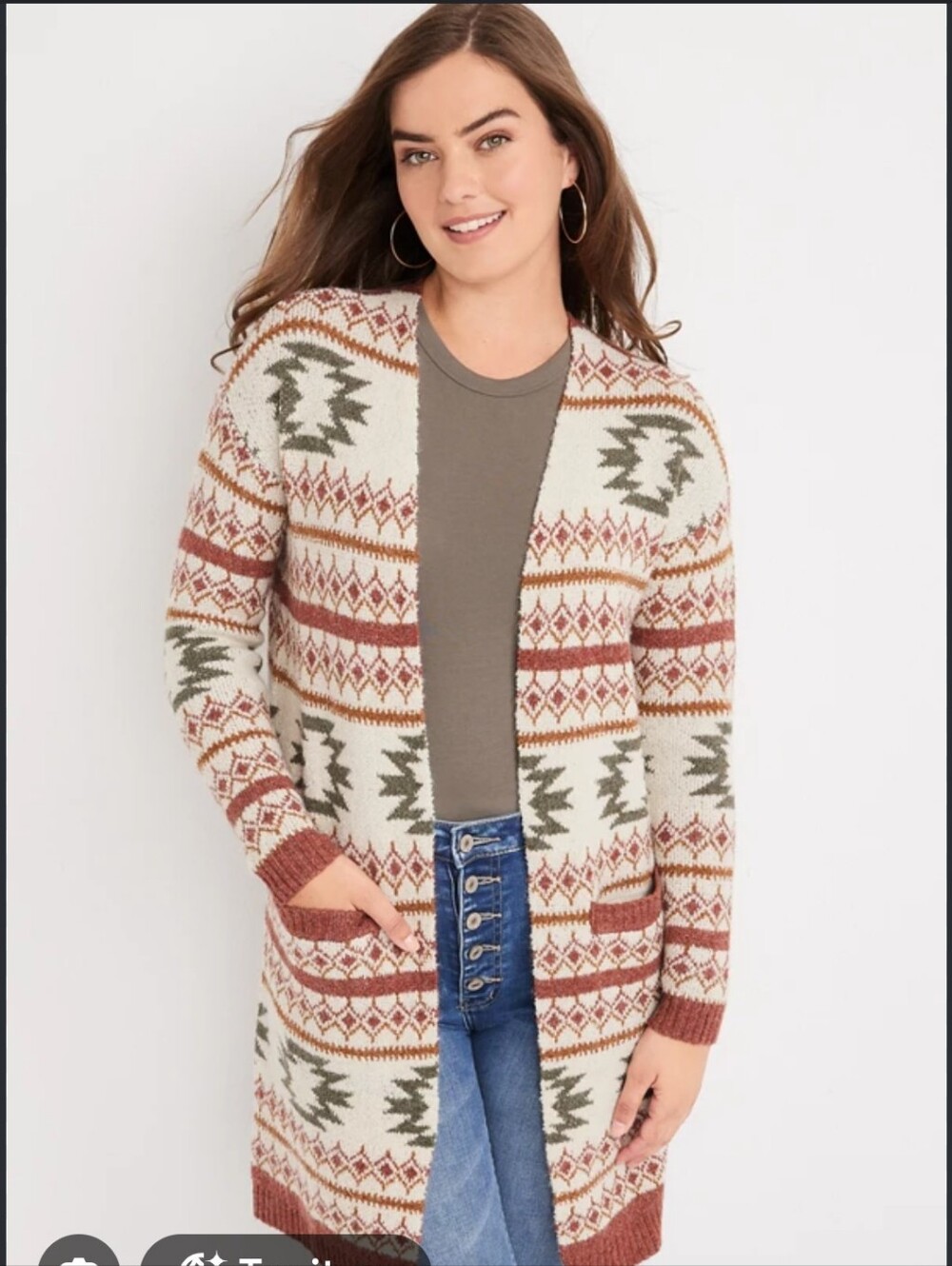 Maurices Geo-Print Duster Cardigan - Cream, Rust & Olive